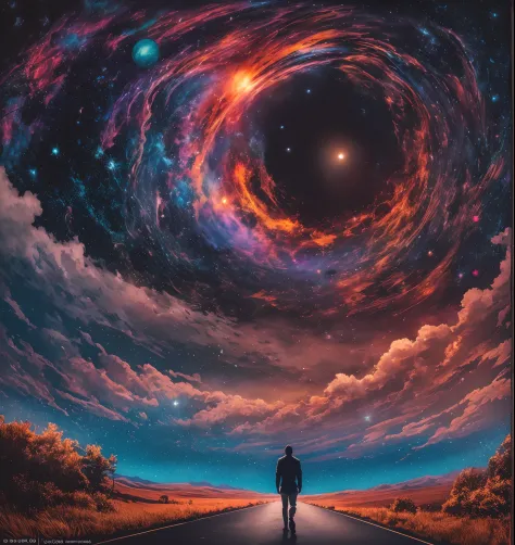 arafed image of a man walking down a road with a colorful sky in the background, looking out into the cosmos, end of the universe, surreal space, standing in outer space, in the universe, in the cosmos, at the end of the universe, the end of the universe, ...