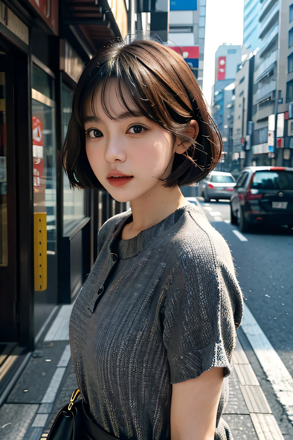 1girl、Streets of Tokyo、daytime、A city scape、、The upper part of the body、a closeup、8k、RAW Photography、top-quality、​masterpiece、realisitic、Photorealsitic、Short Bob、