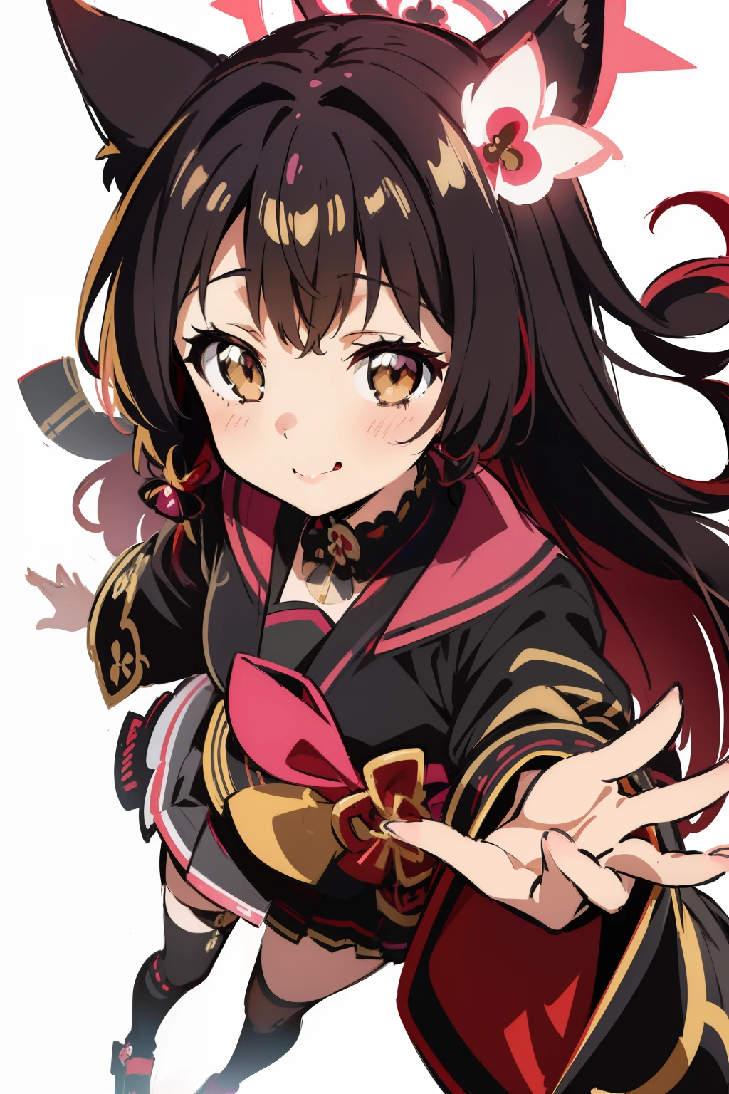 (Wakamodev,Chibi,11 years old,sketch,close-up,:1.2),1 girl,Halo,blush,Seductive smile,Black outerwear,Curve,From  above,open arms for viewer