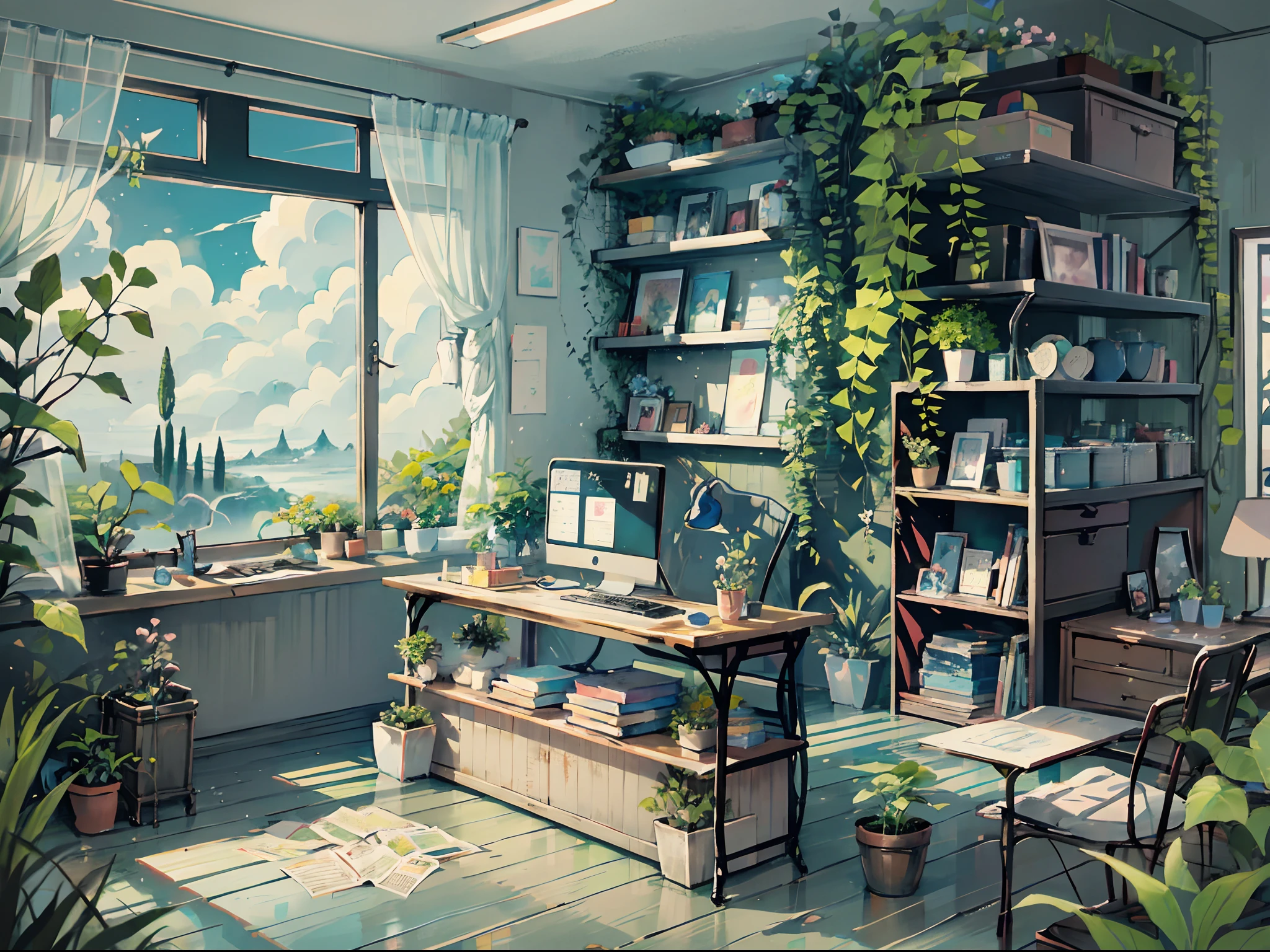 Ghibli fairy tale style a desk surrounded by flower field, green plants ...