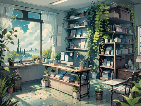 Ghibli fairy tale style a desk surrounded by flower field, green plants, panoramic windows nature view, blue sky highly detailed, intricate details, objects like monitor keyboard, 4 pictures on the wall, containers of succulents, books, astrolabe, cacti in...