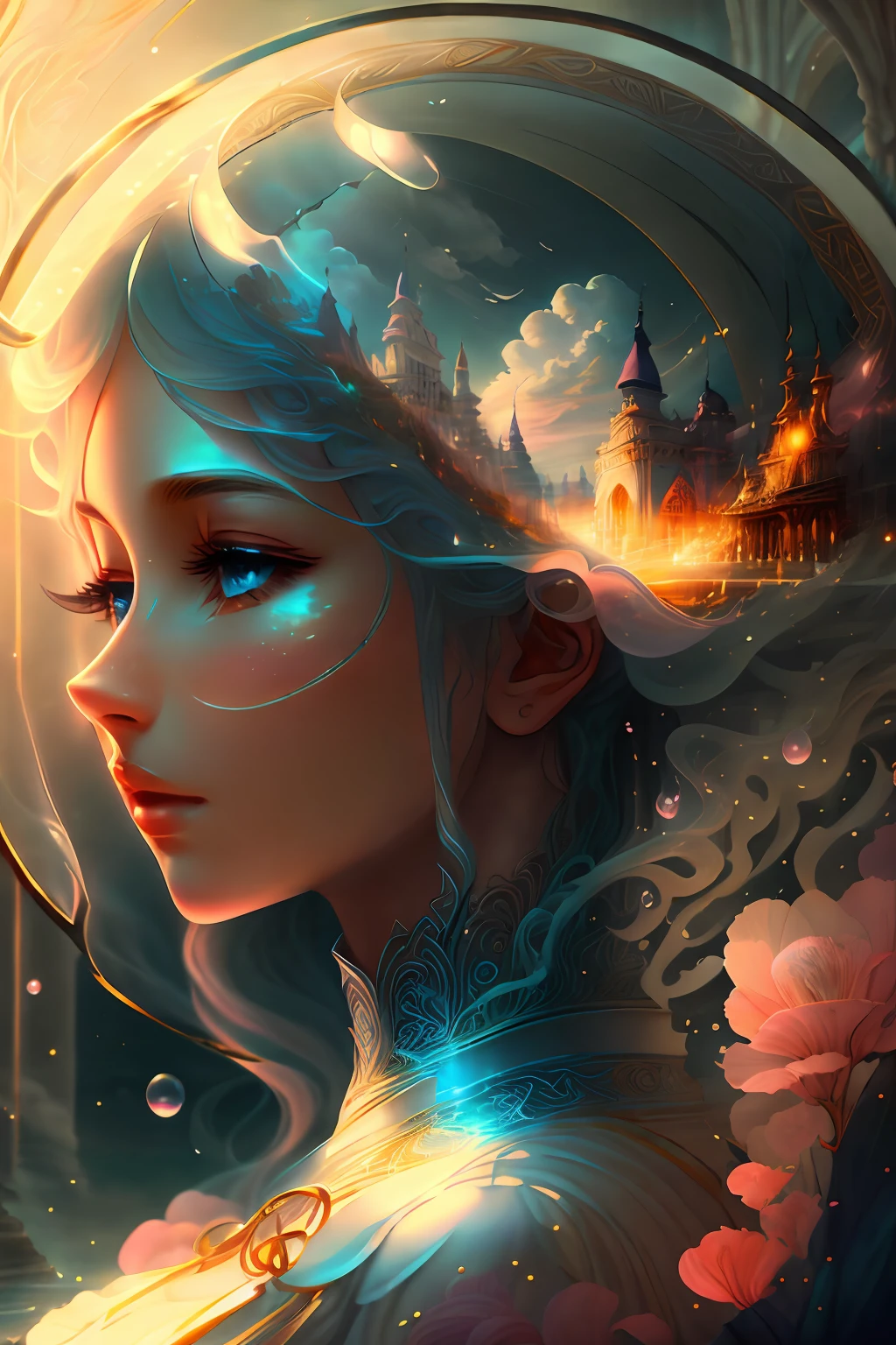 Build an image, beste-Qualit, Beautiful animated paintings, clouds, Beautiful page, Blue Eyes, pink hair, White Clothes, Neck embellishment, Water Watermark Glass, stairs, light, Wind light, Beautiful lighting and shadow transitions, The landscape is blurry because
