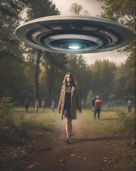 there is a woman walking in the woods with a flying saucer, populated with aliens and people, ufo in a forest, aliens in the background, alien forest in background, alien abduction, ufo abduction, in a park on a alien planet, in a park on an alien planet, ...