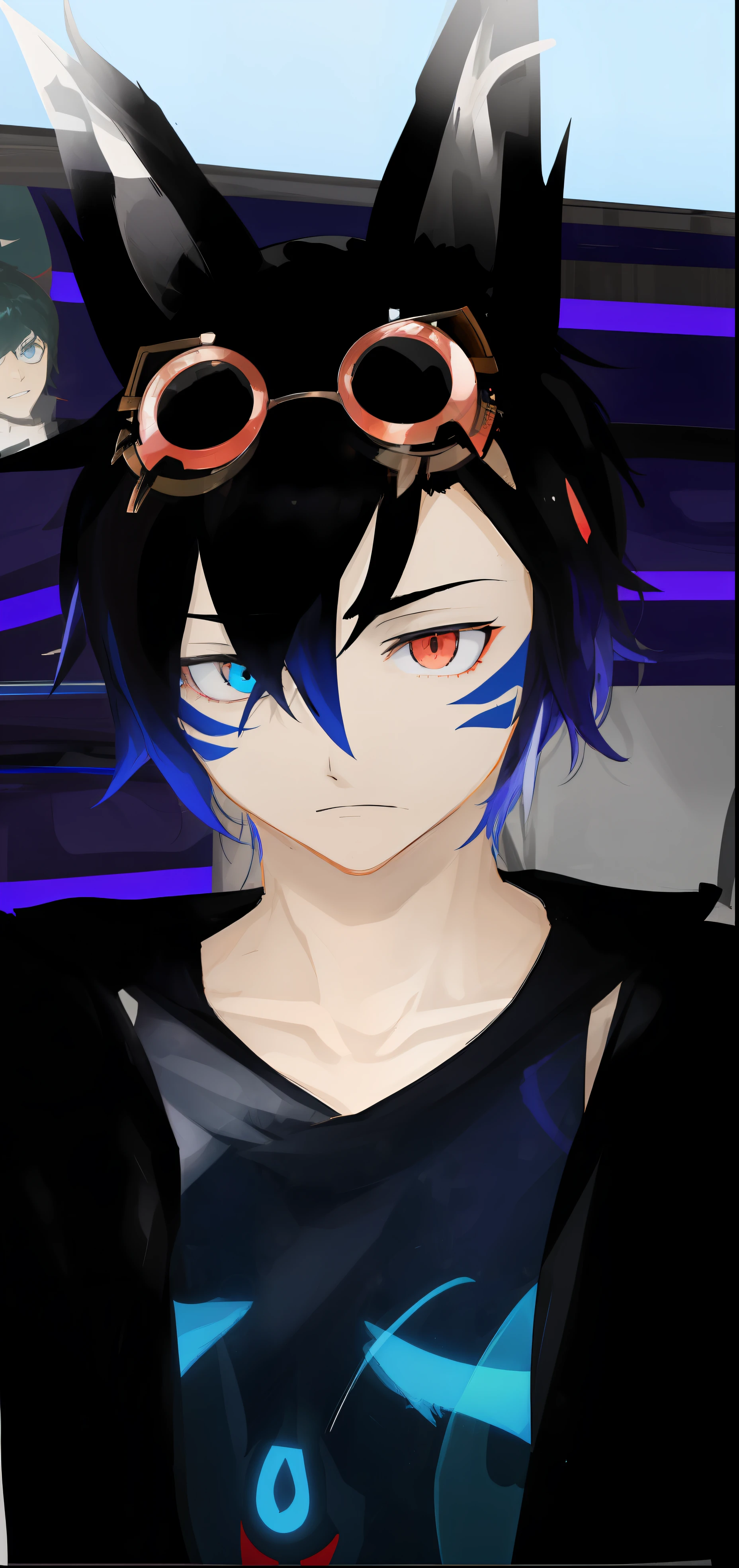 Anime-Figur mit Schutzbrille und blauem Hemd vor einer Bühne, Second Life-Avatar, inspiriert von Okumura Masanobu, vrchat, hinterhältiger böser Ausdruck, böser hinterhältiger Mann, traurige himmelblaue Augen, 3D im Anime-Stil, Persona 5 Phantom Thief-Stil, Oberkörper-Avatar, junger Schattenmagier, männlich, inspiriert von Okumura Togyu