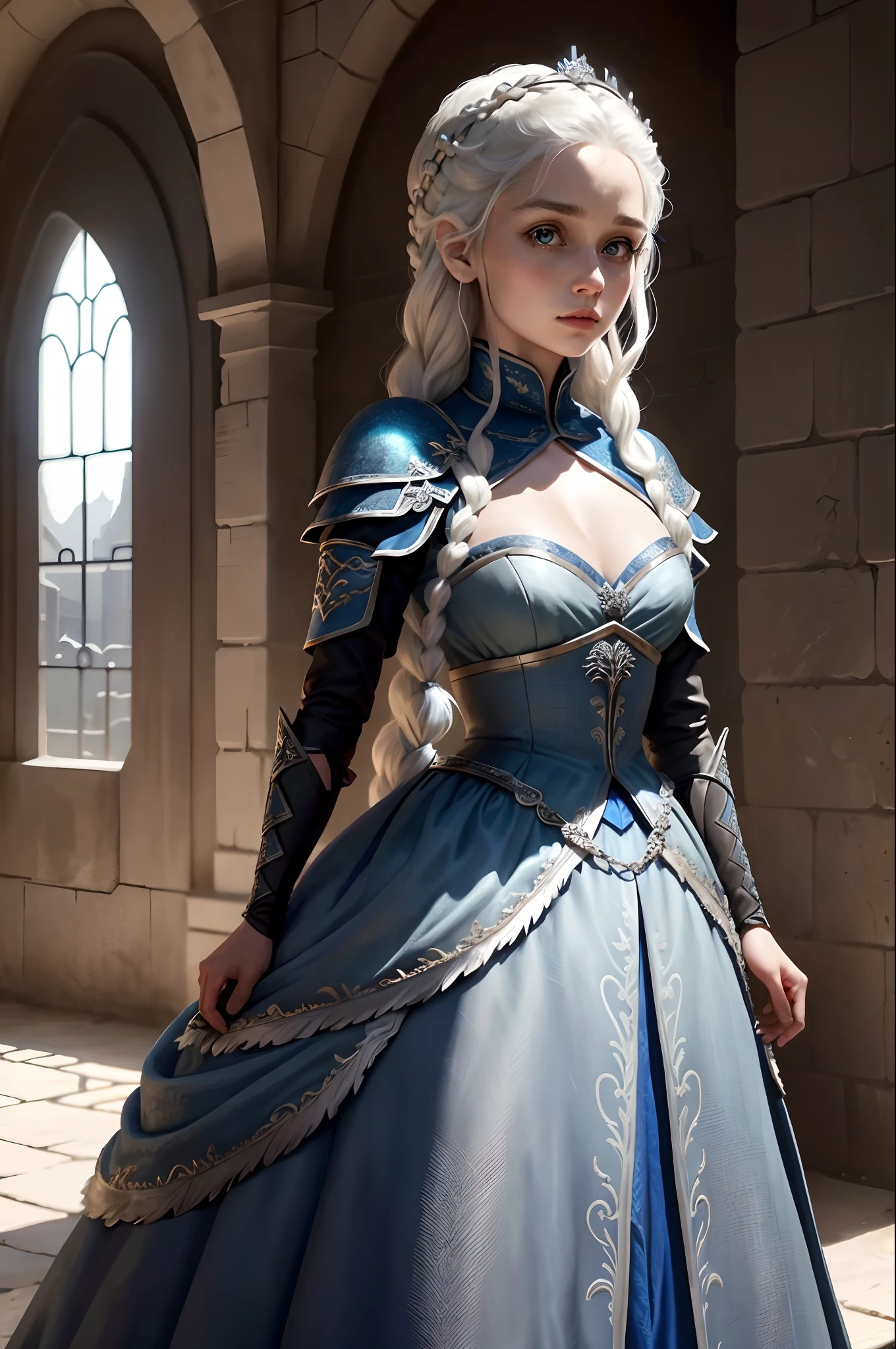 （obra-prima，melhor qualidade：1.2），só，1 menina，Heroína de Game of Thrones，Daenerys Targaryen，（lente de vaqueiro：1.2），（Lindas peles：1.2），mulher adulta，rosto lindo，Rosto elegante，（lindos olhos：1.4），eOlhos azuis，Cabelo repartido de lado，（trança única：1.5），cabelo platinado，（um vestido azul：1.5），capa branca longa，（durante a noite：1.3），（cor profunda），dentro do castelo， parede azul，