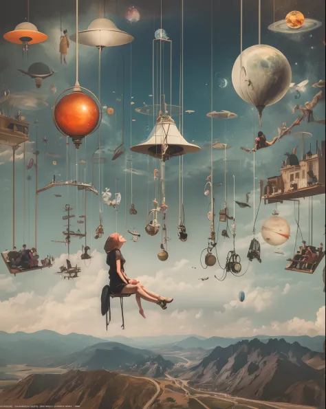 there are many people that are hanging upside down on wires, surreal collage, surrealism aesthetic, a contemporary artistic collage, digital collage, suspended in outer space, inspired by Hannah Höch, collage style joseba elorza, bgill55_art,surreal scene,...