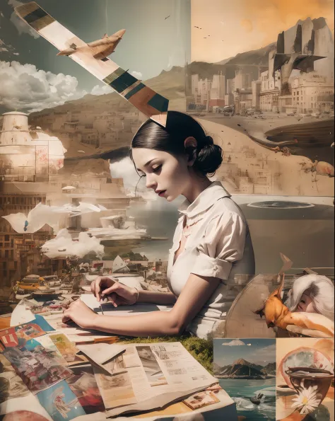 arafed image of a woman sewing a piece of fabric, surreal collage, collage style joseba elorza, inspired by Evaline Ness, inspired by Grete Stern, inspired by Hannah Höch, a contemporary artistic collage, inspired by mads berg, digital collage,bgill55_art,...