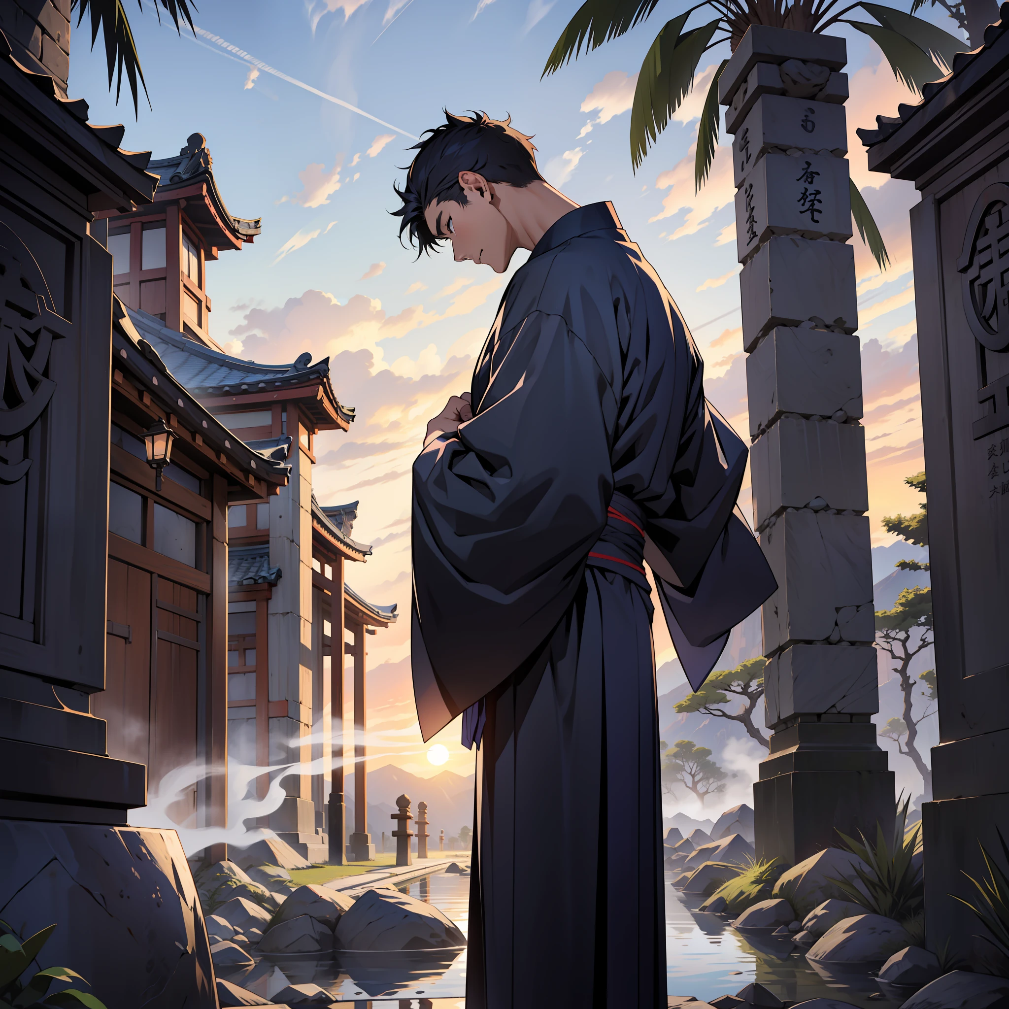 {{{{{masutepiece,Best Quality,ultra-detailliert}}}}},Adult man wearing dark blue yukata,Pray together with the palm of your hand,in front of a cuboid gray stone about 1 meter long,,,Beautiful Japan tomb background,Clear sunset,closing eye,Smoke rises from the front of the stone,posterior view,Distant view,16 K,