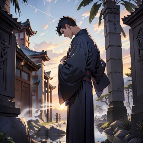 {{{{{masutepiece,best quality,ultra-detailliert}}}}},adult man wearing dark blue yukata,pray together with the palm of your hand...