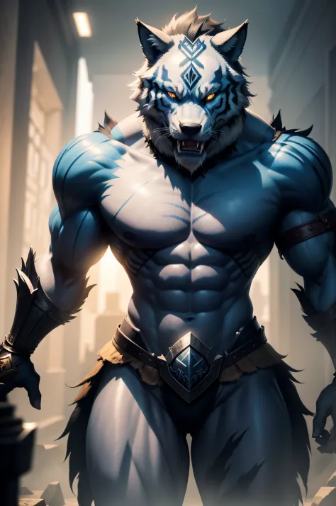 Two-dimensional wolf orcs，An adult wolf，Wolf standard stature，The highest appearance，Highest image quality，blue color eyes，Look to the right，Two-dimensional wolf orcs，Tiger Tooth，best qualtiy，tmasterpiece，Textured skin，romanticism lain，Cinematic lighting e...