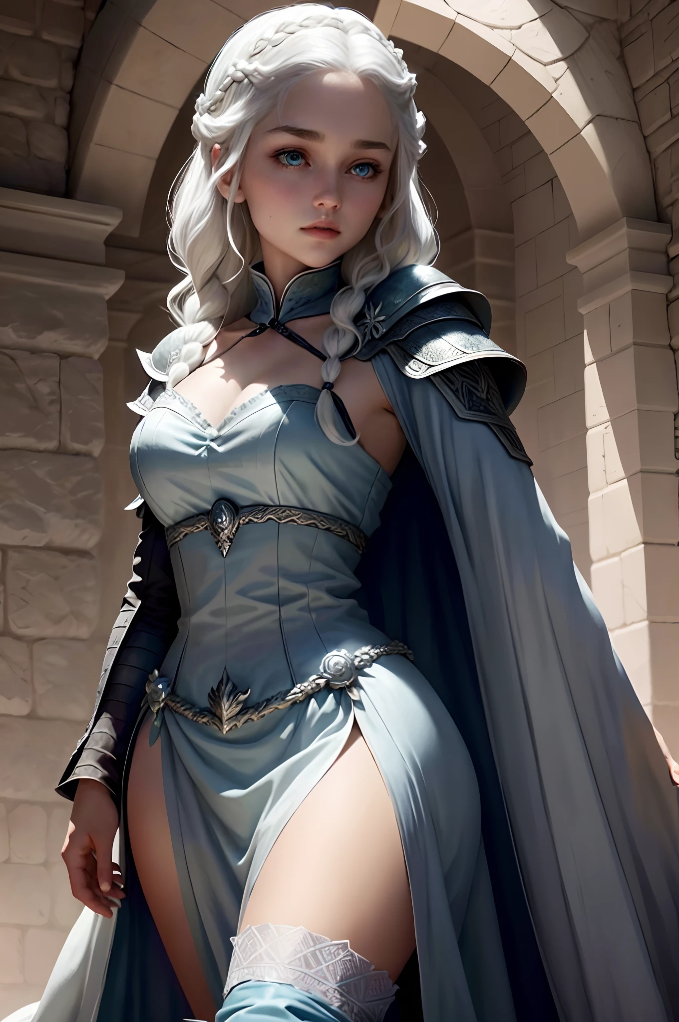 （tmasterpiece，best qualtiy：1.2），solo，1girll，Game of Thrones heroine，daenerys targaryen，（cowboy lens：1.2），（Beautiful skins：1.2），grown woman，beauitful face，elegant face，（beautidful eyes：1.4），eBlue eyes，Hair is parted at the sides，（Single braid：1.5），Platinum hair，Long white cape，（during night：1.3），（deep colour），inside castle， blue wall，