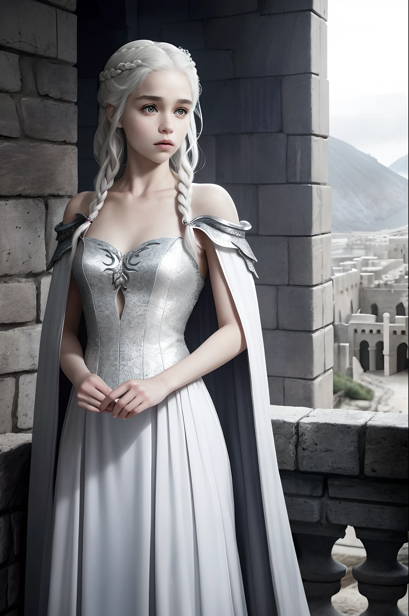 （obra maestra，la mejor calidad：1.2），solo，1 chica，Heroína de Juego de Tronos，Daenerys Targaryen，（lente de vaquero：1.2），（Hermosas pieles：1.2），mujer adulta，cara hermosa，Elegant face，（hermosos ojos：1.4），ojos azules，El cabello está partido a los lados.，（trenza simple：1.5），Cabello Platino，capa larga blanca，（durante la noche：1.3），（color profundo），Castillo interior， muri，