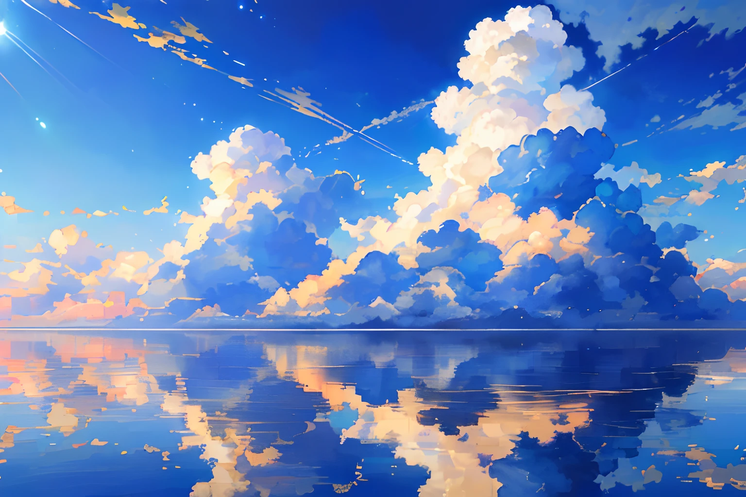 Anime scenery of a beautiful sky with clouds and a plane flying over the  water - SeaArt AI