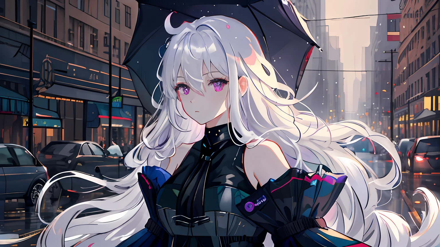 tmasterpiece， best qualtiy， extremely detaile， cinematic lightning， intricately details， A high resolution， offcial art， Fine beautiful face and eyes， high-resolution illustrations， 8k， depth of fields， bokeh， 独奏， 1girl， A girl with white hair and purple eyes， Long white hair， Beautiful purple eyes， lindo cenario， rainy city， The upper part of the body， looking at viewert， closeup cleavage