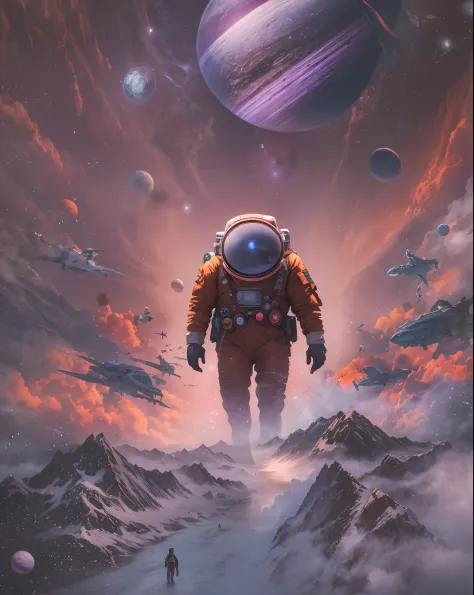 there is a man that is standing in front of a picture, surreal space, collage style joseba elorza, a collage of space travel, surreal collage, standing in outer space, planets crashing, in the space, skateboarding beside planets, in the multiverse, floatin...