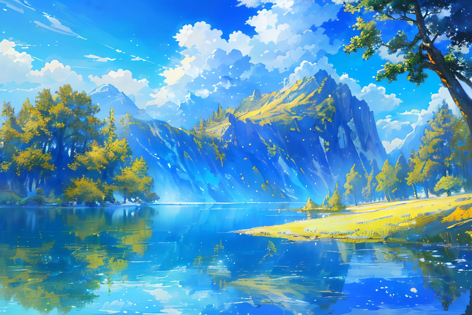 ​masterpiece, top-quality, (extremely detailed CG unified 8k wallpaper) (top-quality), (The best illustrations), (best shade)、Super Meticulous, blue-sky、Variety of clouds、Wonderfully beautiful、nostalgic、Looking up at the sky、Reflection of the Sun、Natural colors、the woods、Scenic、Summer sky、Make blue the basis