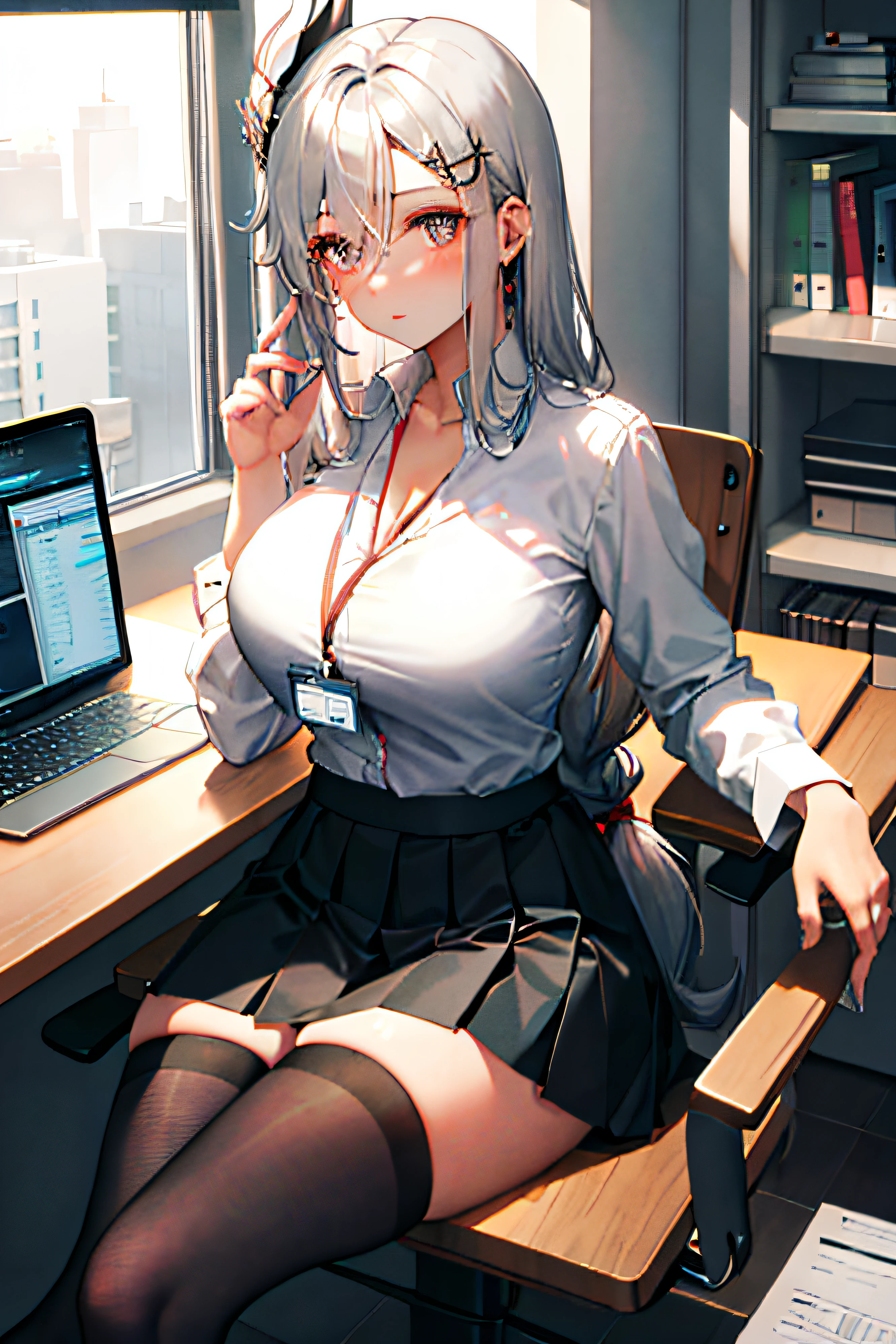 Shenhe, 1girl, solo, ((white shirt)), black thighhighs, breasts, cleavage, uniform, office background, black skirt, pleated skirt, office, hair between eyes, hair ornament, large breasts, long hair, looking at viewer, silver hair, braid hair, silver short nails, silver eyes, solo, thighhighs, thighs, very long hair, ((masterpiece)), sitting, chair, desk, computer on desk, name tag, id tag, indoor, blush, sexy pose,