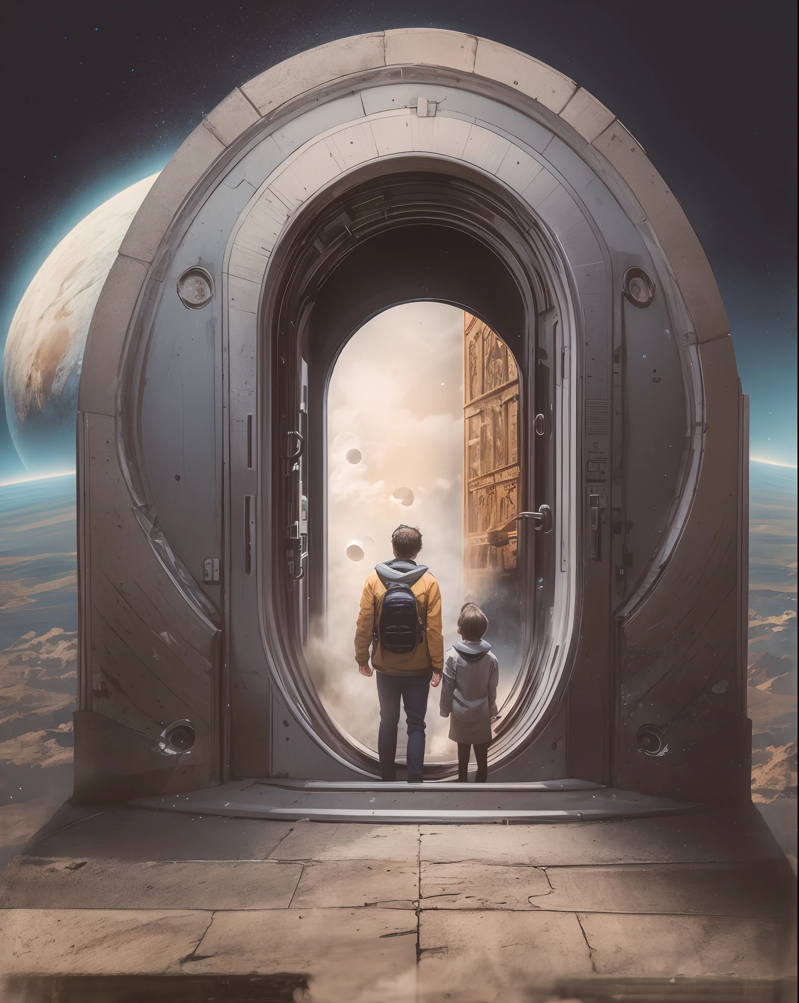 there are two people standing on a stairway with a door open, surreal collage, of a family leaving a spaceship, window into space behind them, portal to outer space, gateway to another universe, gateway to another dimension, collage style joseba elorza, bgill55_art, doors that are cosmic portals, portal to another universe, dark vintage sci fi, portal to another world