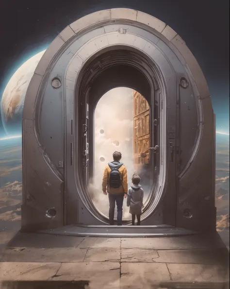there are two people standing on a stairway with a door open, surreal collage, of a family leaving a spaceship, window into space behind them, portal to outer space, gateway to another universe, gateway to another dimension, collage style joseba elorza, bg...