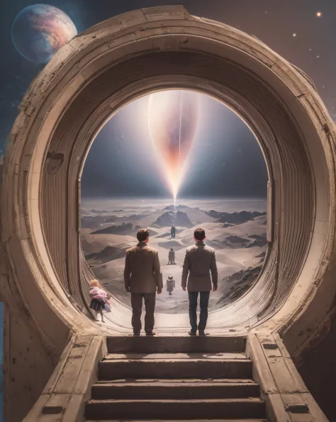 there are two people standing on a stairway with a door open, surreal collage, of a family leaving a spaceship, window into space behind them, portal to outer space, gateway to another universe, gateway to another dimension, collage style joseba elorza, bg...