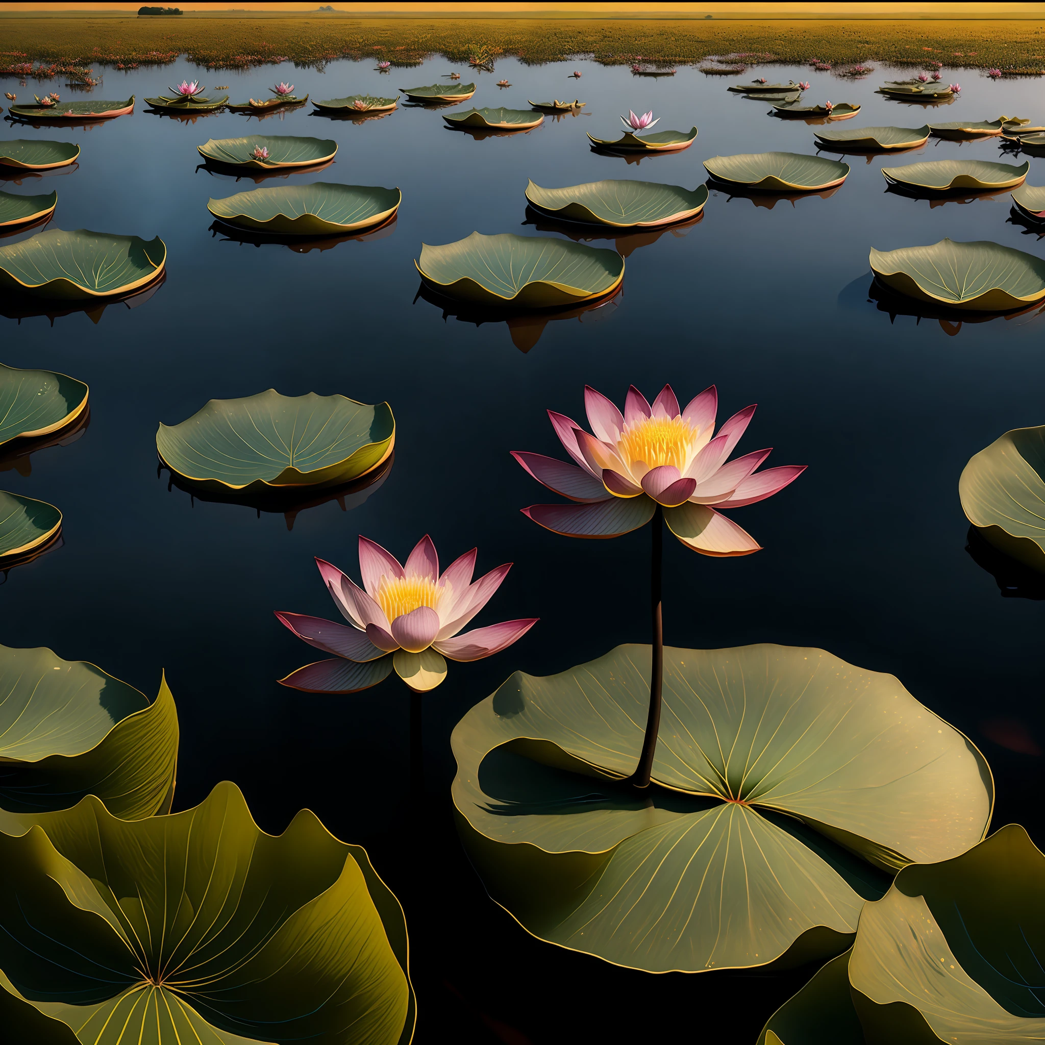 บนพื้นผิวของทะเลสาบมีต้นบัวยืนต้นอยู่，ความชัดลึก，มีสีมากมายเหลือเฟือ，องค์ประกอบกึ่งกลาง，คุณภาพของสตูดิโอถ่ายภาพ，คุณภาพระดับ 4K，รายละเอียดที่ละเอียดมาก