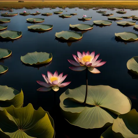 On the surface of the lake stands a lotus tree，depth of fields，plethora of colors，centered composition，Photography studio qualit...
