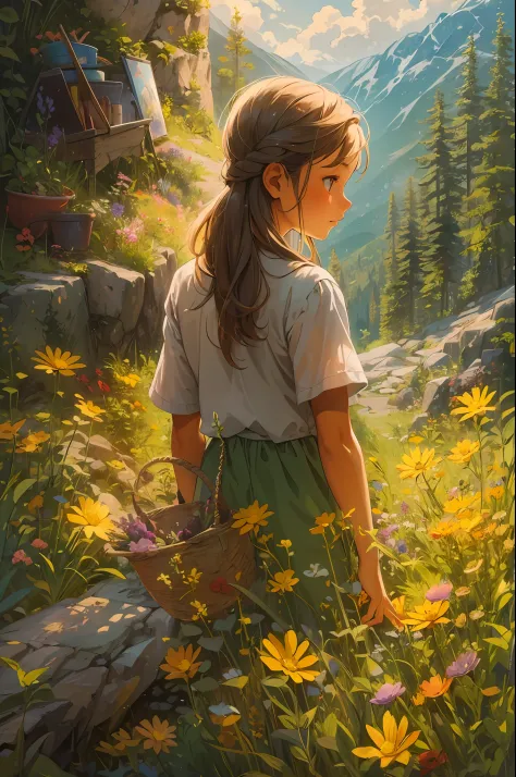 A girl troubled by love, healed by nature in the mountains while picking flowers. This painting is a beautiful poem that depicts the warm sunshine that fits in the great outdoors and the heart of a girl named Matilda in her adolescence.