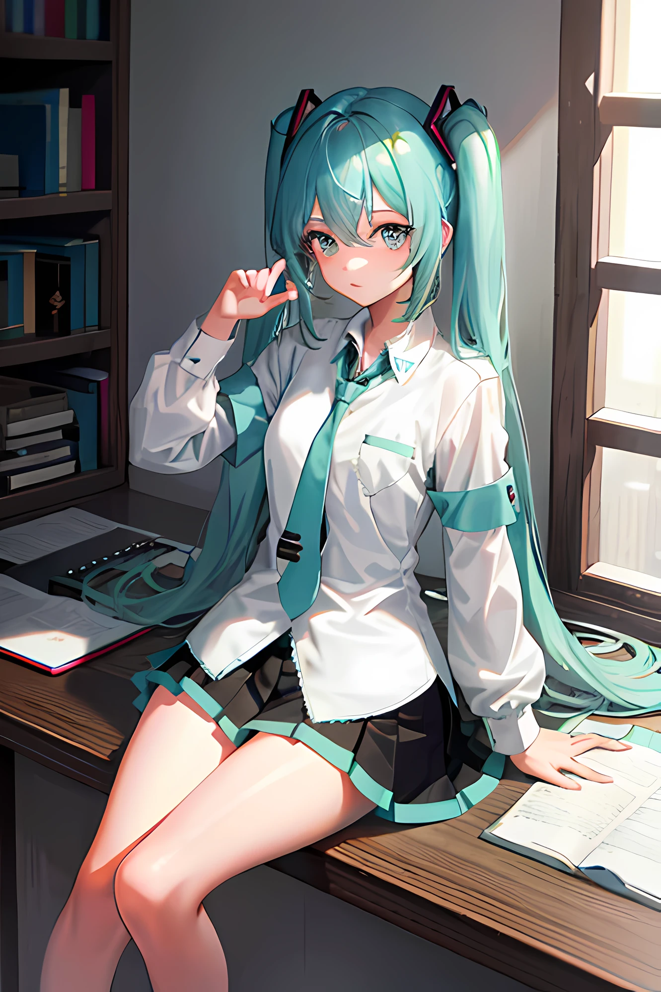 Hatsune Miku, 1girl, Alone, ((White shirt)), thighs negros, breasts, neckline, uniform, fondo de Office, black skirt, pleated skirt, Office, hair between eyes, blue eyes, flower pupils, breasts medianos, Long hair, looking at the viewer, blue hair, short nails azuless, Alone, thighs, thighs, very long hair, ((masterpiece)), seated, chair, desk, computadora en el desk, name tag, id-tag, interior, blush, pose sexy, ((long twin tail)),