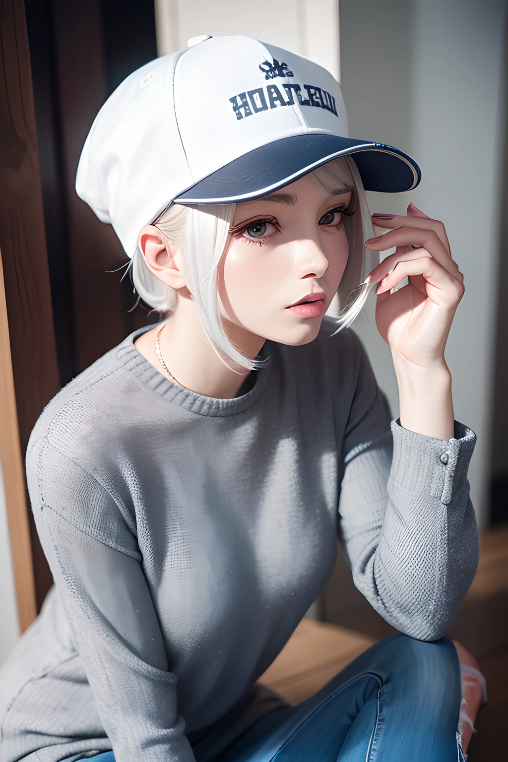 A woman with silver hair casual clothes with a cap