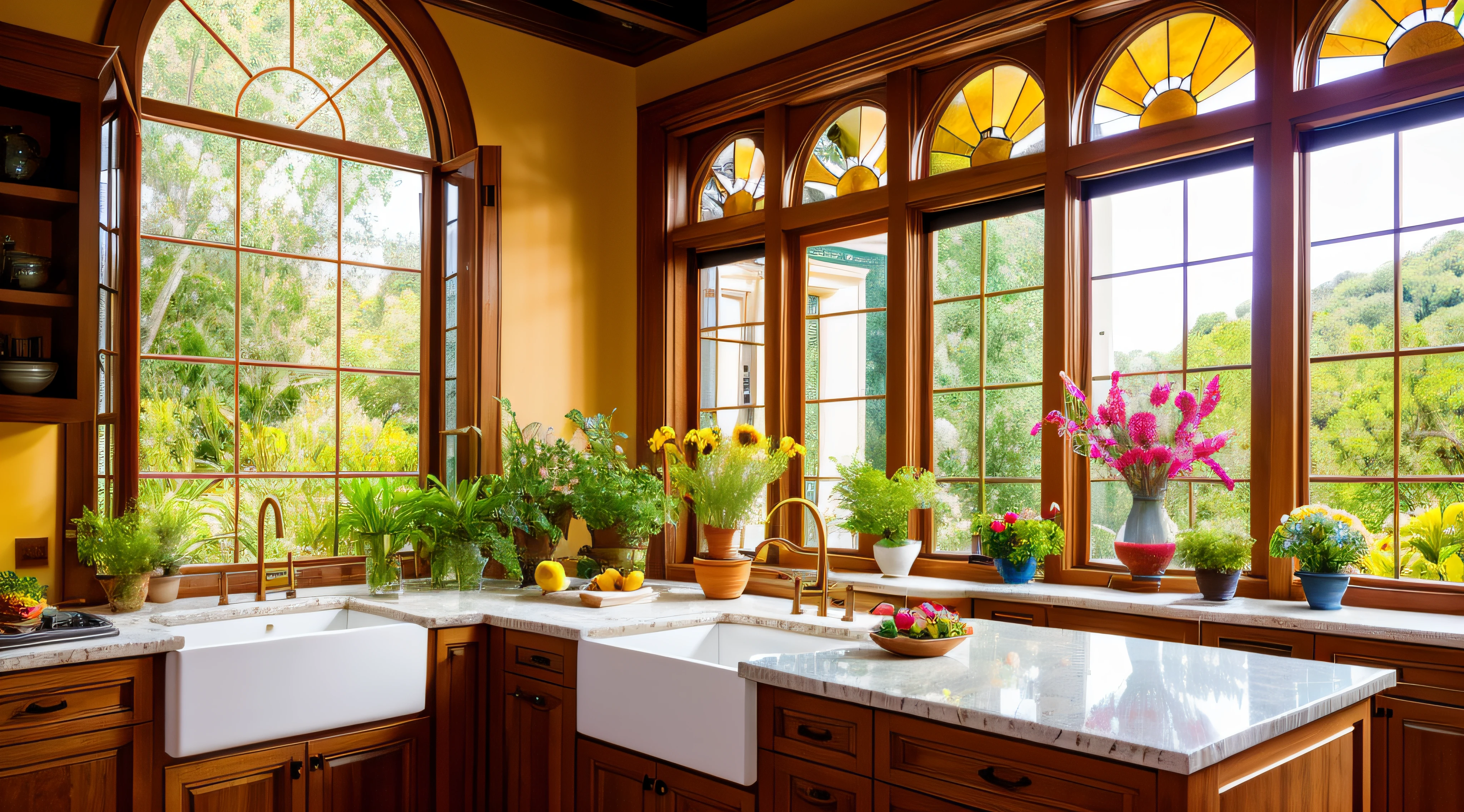 Cocina maximalista con muchas flores y plantas, Luz dorada, award winning masterpiece with incredible details big windows, Altamente detallado, Arte de Harper's Bazaar, revista de moda, Suave, foco nítido, 8k, Renderizado de octanaje