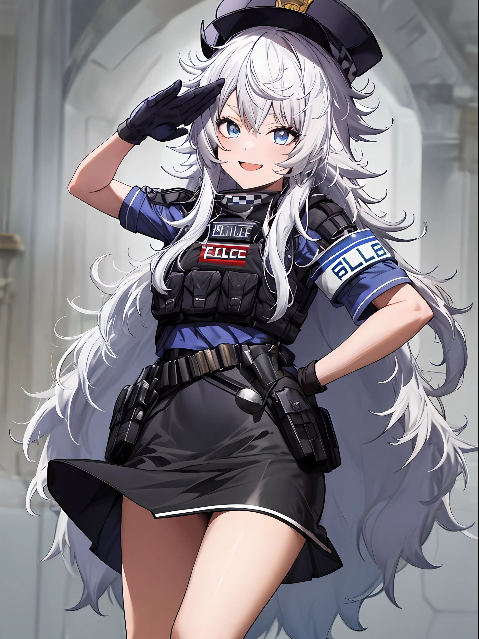 dessus de la table, Meilleure qualité, haute résolution, 1 fille dans, seulement, cheveux longs, a, yeux bleus, cheveux blancs, cheveux en désordre, gants noirs, chaussettes blanches, uniforme de police, jupe noire, manches courtes, tir de cow-boy, saluer, mettre les mains sur la hanche,sourire,