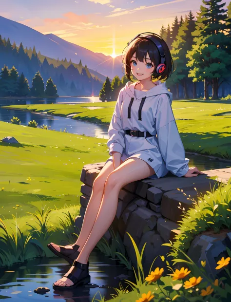 A happy little girl，Dressed in casual attire，Bring headphones，Sit on the rocks of the meadow，The background is the village，Sunse...