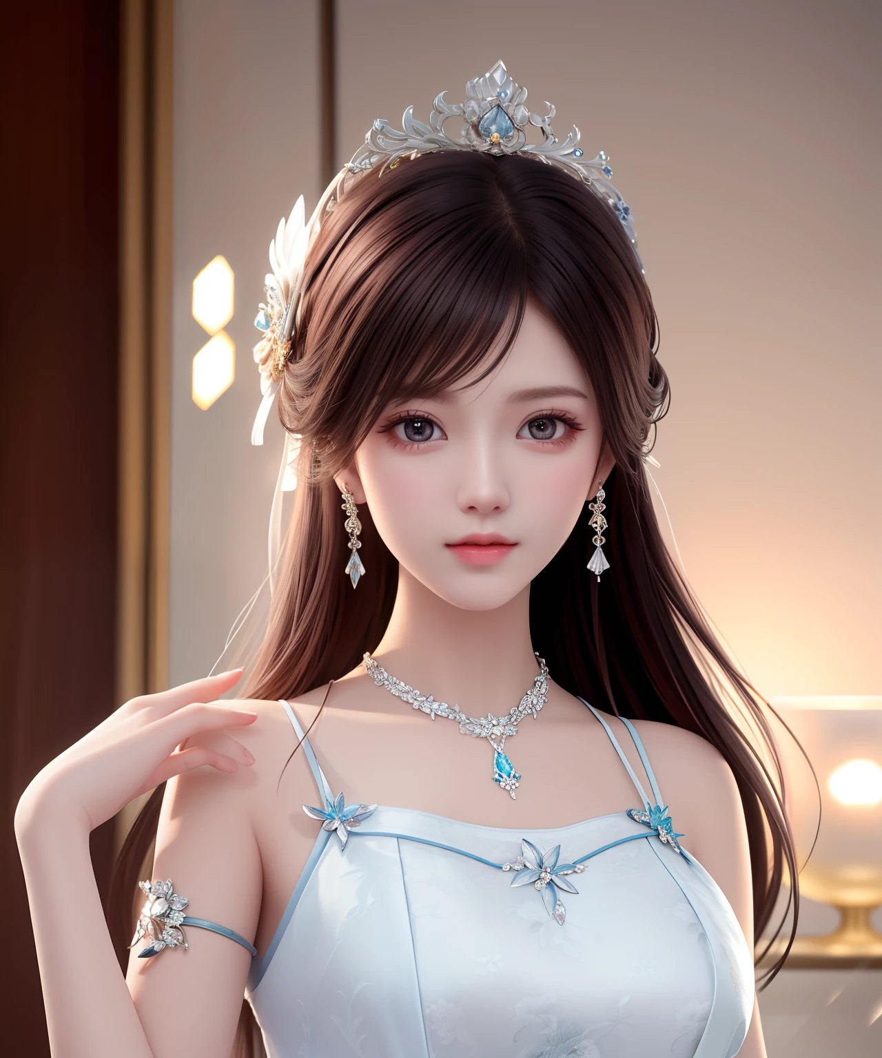 Best quality, masterpiece, high resolution, 1girl, porcelain dress, hair accessories, necklace, jewelry, beautiful face, on the body, Tyndall effect, realistic, dark studio, edge lighting, two-tone lighting, (high detail skin: 1.2), 8k UHD, dslr, soft light, high quality, volumetric light, candid, photo, high resolution, 4k, 8k, background blur,