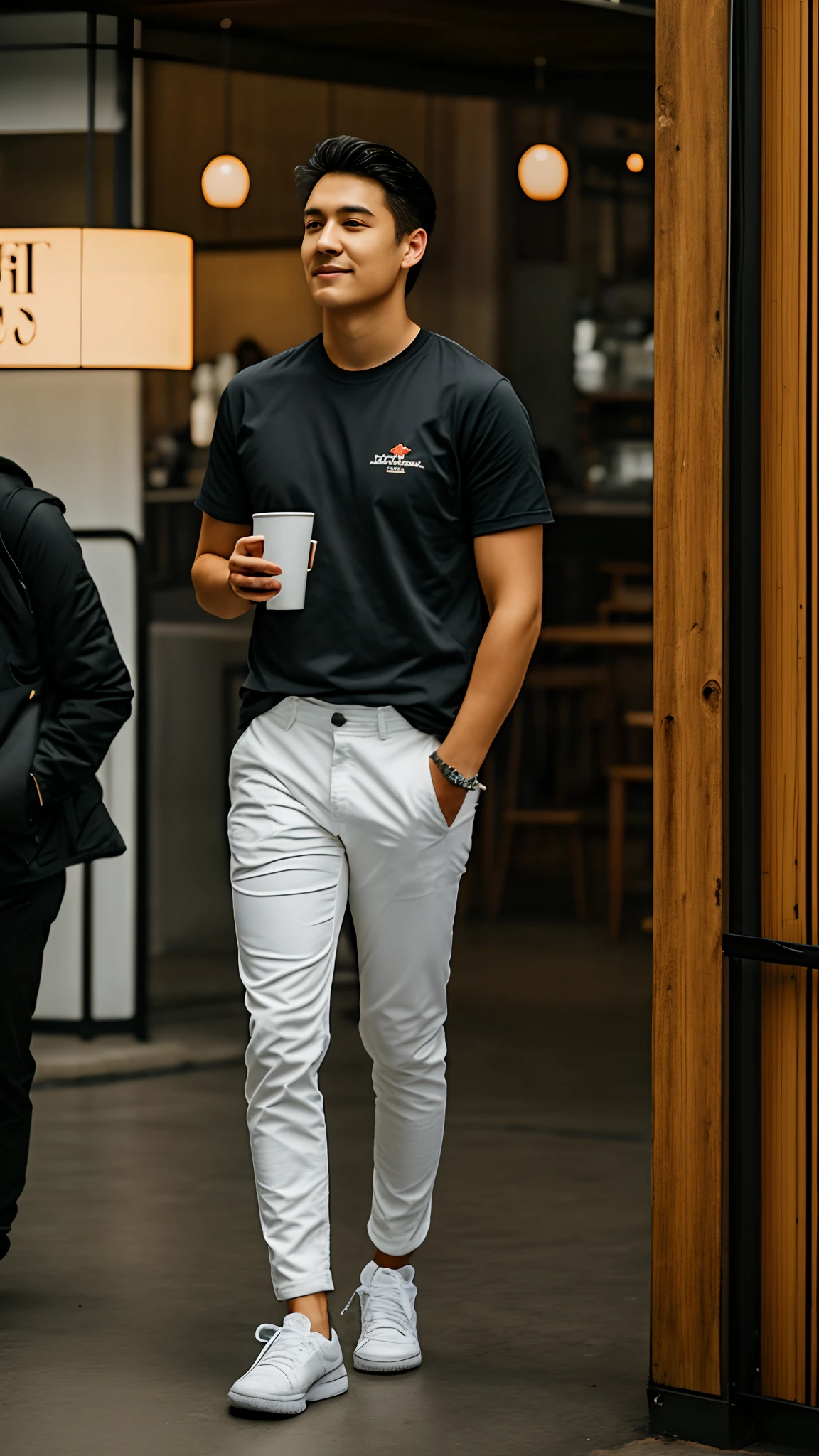 1人，A 20-year-old man drinks coffee at a coffee shop down the street，Handsome，full bodyesbian，leg apart，white  shirt，grey pants，whitestocking，White sneakers，Large bulge at the crotch，cafe shop，streets background，gentlesoftlighting，tmasterpiece，best qualtiy，8K  UHD，digital SLR camera，filmgrain，Fujifilm XT3 Realistic painting art，Written by Midjourney and Greg Rutkowski