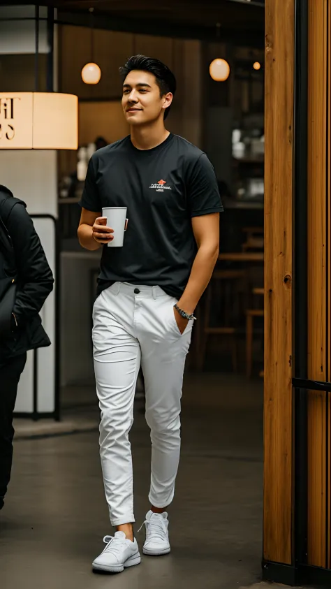 1人，A 20-year-old man drinks coffee at a coffee shop down the street，Handsome，full bodyesbian，leg apart，white  shirt，grey pants，w...