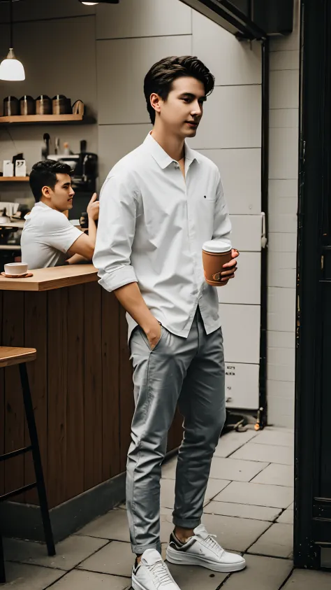 1人，A 20-year-old man drinks coffee at a coffee shop down the street，Handsome，full bodyesbian，leg apart，white  shirt，grey pants，w...