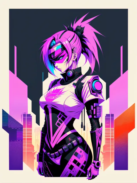 Ready to print t-shirt art vector colorful graffiti illustration of a robotic cyberpunk ninja woman, futuristic cyberpunk city background, realistic picture style, image on white background, centered