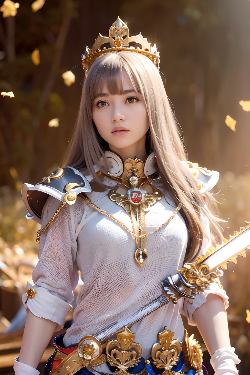 (masutepiece), Professional , ​masterpiece、top-quality、photos realistic , depth of fields （Gemstone Silver Metal Body:1.９),(Matte White、Particles of light、 Gold Weapon（Metal:1.４),Gorgeous metal weapons , Detailed Sword of the Brave , Beautiful knife   ,warhammer 40k , adepta sororitas,Detail and ornate jewel crown、Particles of light、Brown hair、Gangle's forest background、Beautiful Caucasian beauty、１a person、dynamic ungle,(((Detailed and ornate diamond crown)))、Particles of light、