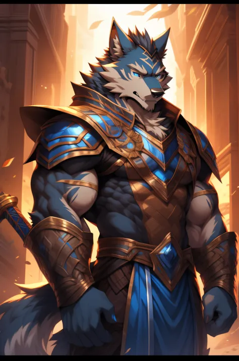 Two-dimensional wolf orcs，An adult wolf，Wolf standard stature，The highest appearance，Highest image quality，blue color eyes，Look to the right，Two-dimensional wolf orcs，Tiger Tooth，best qualtiy，tmasterpiece，Textured skin，romanticism lain，Cinematic lighting e...