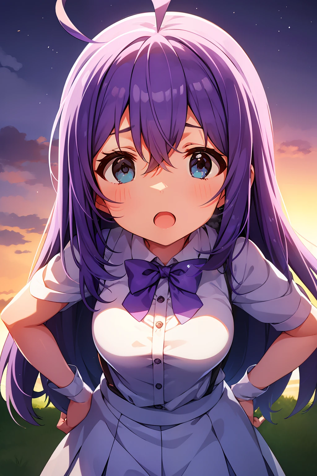 mochizuki anna,1girl in,Solo,Long hair,Purple hair,big breasts.Ahoge,Blue eyes.Short stature.white t-shirts.suspenders.Skirt.Evening glow.the setting sun.Despair face.Sweat.Opening Mouth.up chest.put hands on the hip.look from above