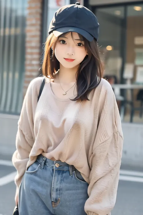 a woman in a hat and sweater stands in the street, , casual clothing style, ulzzangs, korean girl, casual clothes, asian girl, 2...