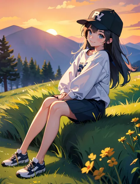 A happy little girl，Dressed in casual attire，With a baseball cap，Sit on the rocks of the meadow，The background is the village，Sunset and sunset，Face the camera，Full body photo，Ultra-high definition