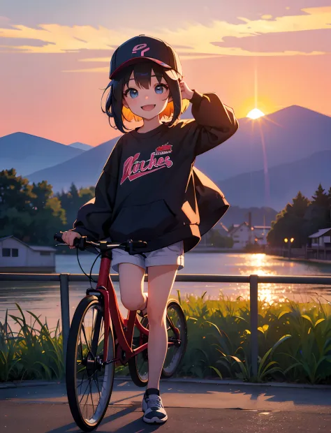 a happy little girl，dressed in casual attire，ride a small electric，with a baseball cap，the background is the village，sunset and ...