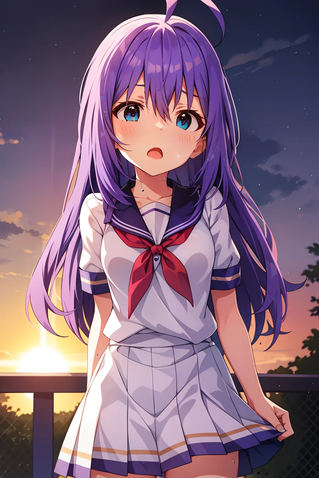 mochizuki anna,1girl in,Solo,Long hair,Purple hair,Medium chest.Ahoge,Blue eyes.Short stature.white t-shirts.suspenders.Skirt.Evening glow.the setting sun.Despair face.Sweat.Opening Mouth.up chest.Fighting stance.