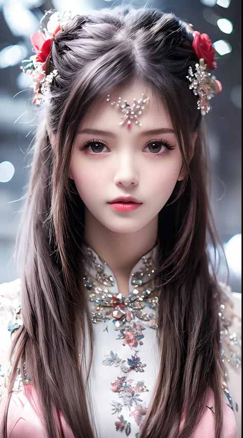 8k ultra hd, mastermiece, a girl, good face, detailed, eyes, beautiful lips, very hong hair, spreading hair, medium breasts, wedding dress, red dress, in the park, flying birds, blowing winds, clear weather, sitting, whole body capture,