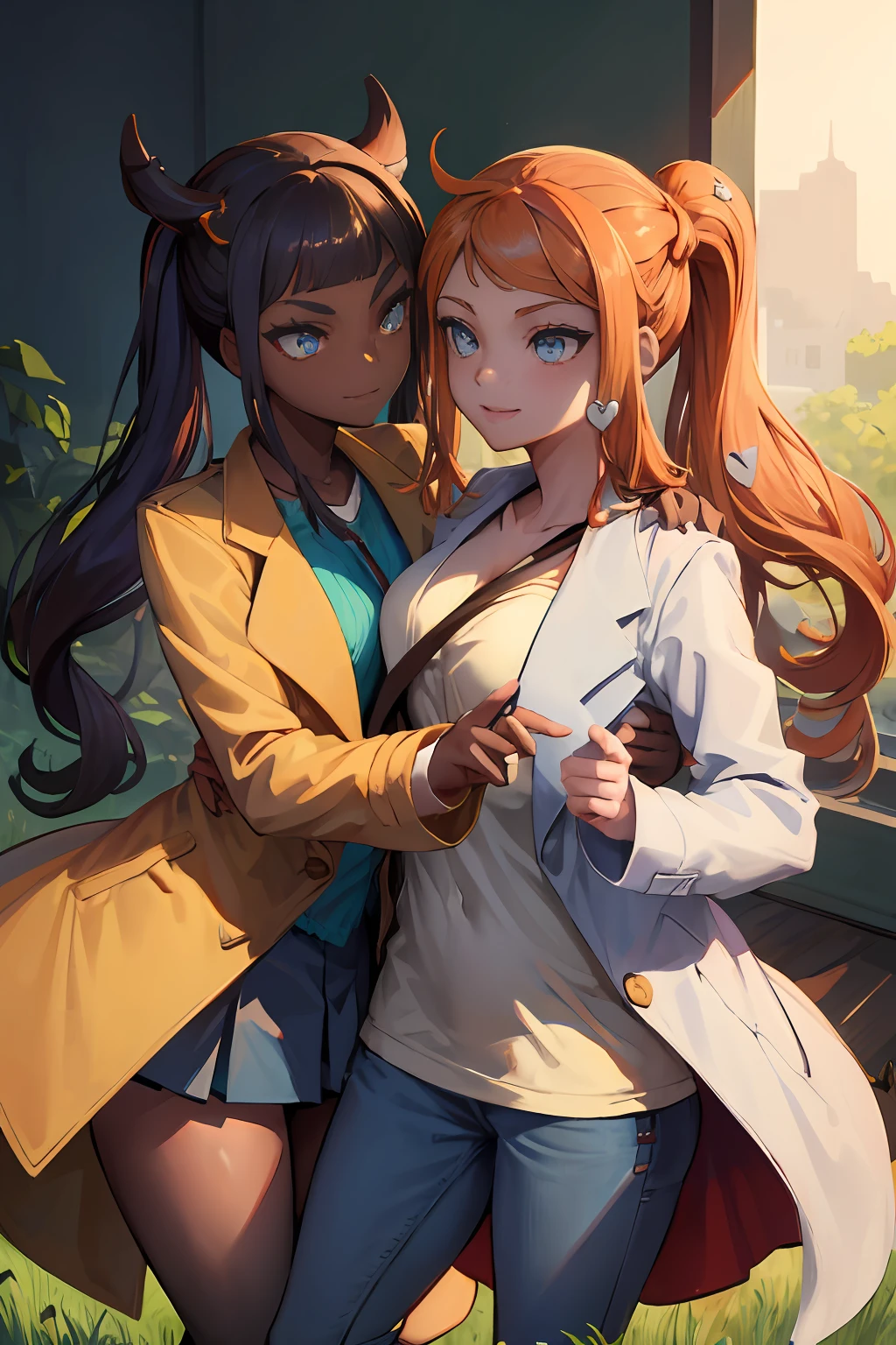 2girls,yuri, (masterpiece, best quality:1.2), sonia, smile, side ponytail, heart hair ornament, yellow eyes, eyewear on head, trench coat, pants, nessa, blue eyes, dark skin, dark-skinned female, single hair bun