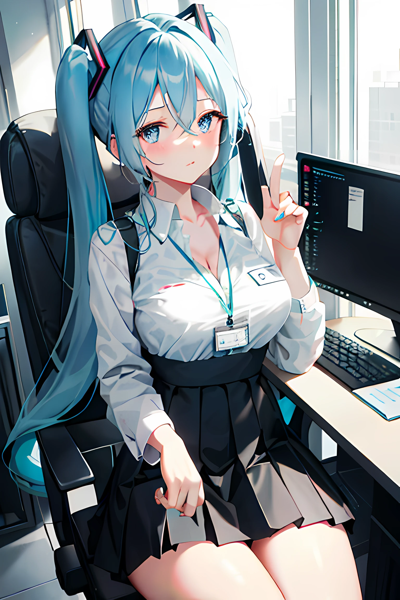 Hatsune miku, 1girl, solo, ((white shirt)), black thighs, , cleavage, uniform, office bottom, black skirt, pleated skirt, office, hair between eyes, blue eyes, flower pupils, medium breasts, hair long, looking at viewer, blue hair, blue short nails, solo, thighs, thighs, very long hair, ((masterpiece)), sitting, chair, desk, computer on desk, name tag, id tag, indoors, blushing, sexy pose, ((long twin tail)),