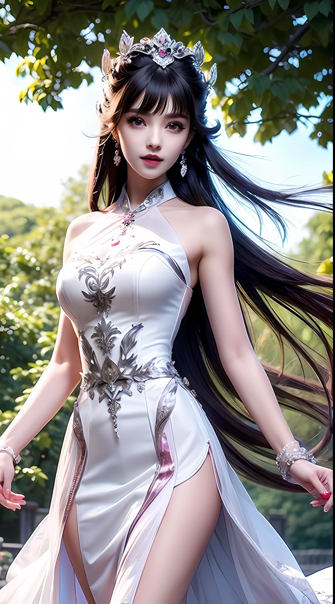 8k ultra hd, mastermiece, a girl, good face, detailed, eyes, beautiful lips, very hong hair, spreading hair, medium breasts, wedding dress, white dress, in the park, flying birds, blowing winds, clear weather, sitting, whole body capture,