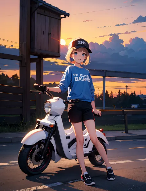 A happy little girl，Dressed in casual attire，Ride a small electric car，With a baseball cap，The background is the village，Sunset ...