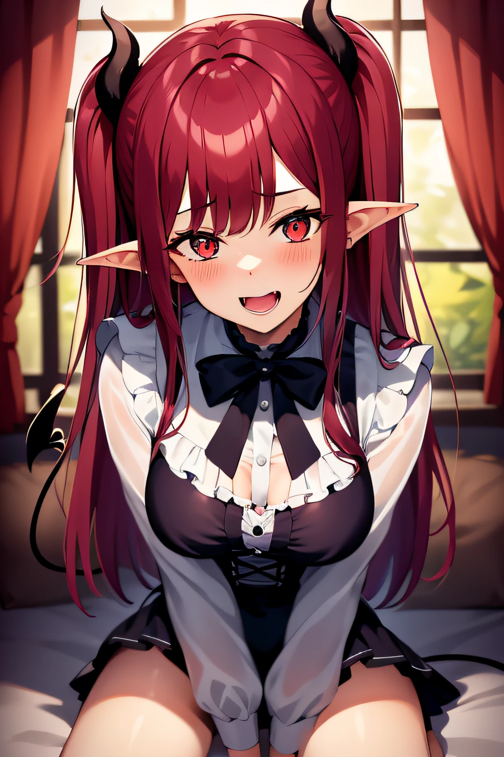 (((Best quality))), ((Ultra-detailed)), ((illustration)), ((Disheveled hair)), ((frilld)), (1 girl), (Solo),
Looking_at_peeping at the viewer，
Open_Mouth，
Rating:safe，
demon，
Red_Hair，
Tail，
demon_Tail，